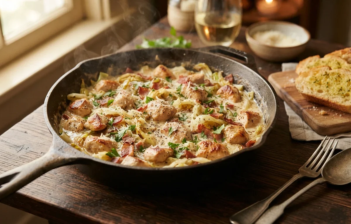 Creamy Garlic Parmesan Chicken and Cabbage Skillet