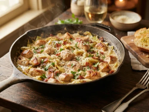 Creamy Garlic Parmesan Chicken and Cabbage Skillet