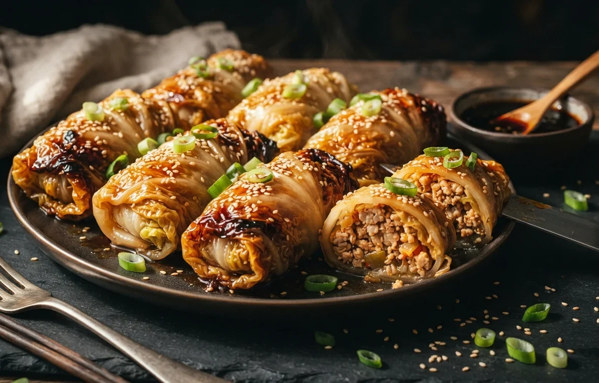 Sweet-Glazed Napa Cabbage Rolls with Savory Garlic Chicken