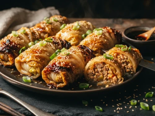 Sweet-Glazed Napa Cabbage Rolls with Savory Garlic Chicken