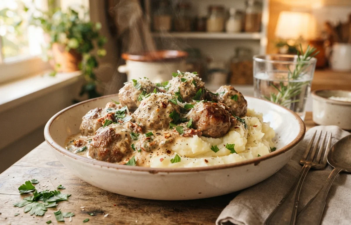 Crockpot Creamy Tuscan Meatballs