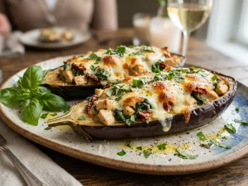 Fancy Stuffed Eggplant with Creamy Garlic Chicken
