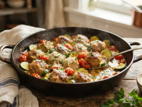 Garlic Butter Chicken Balls with Zucchini & Tomatoes