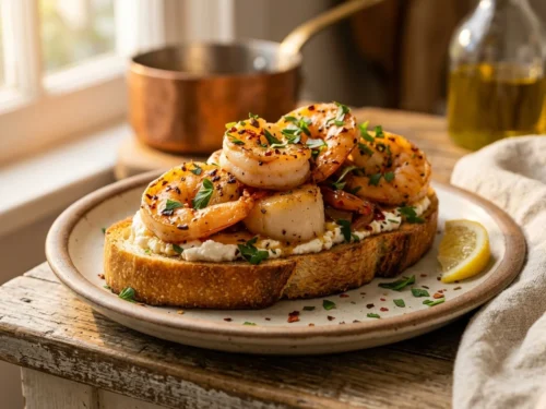 Colorful Caramelized Onion & Garlic Butter Shellfish Toast