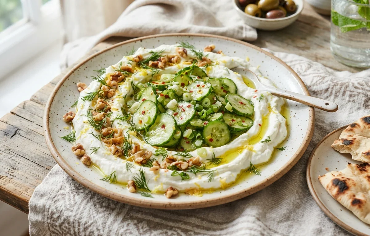Smashed Spicy Cucumber & Herb Labneh Dip