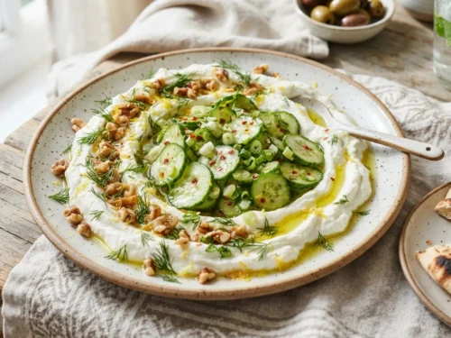 Smashed Spicy Cucumber & Herb Labneh Dip