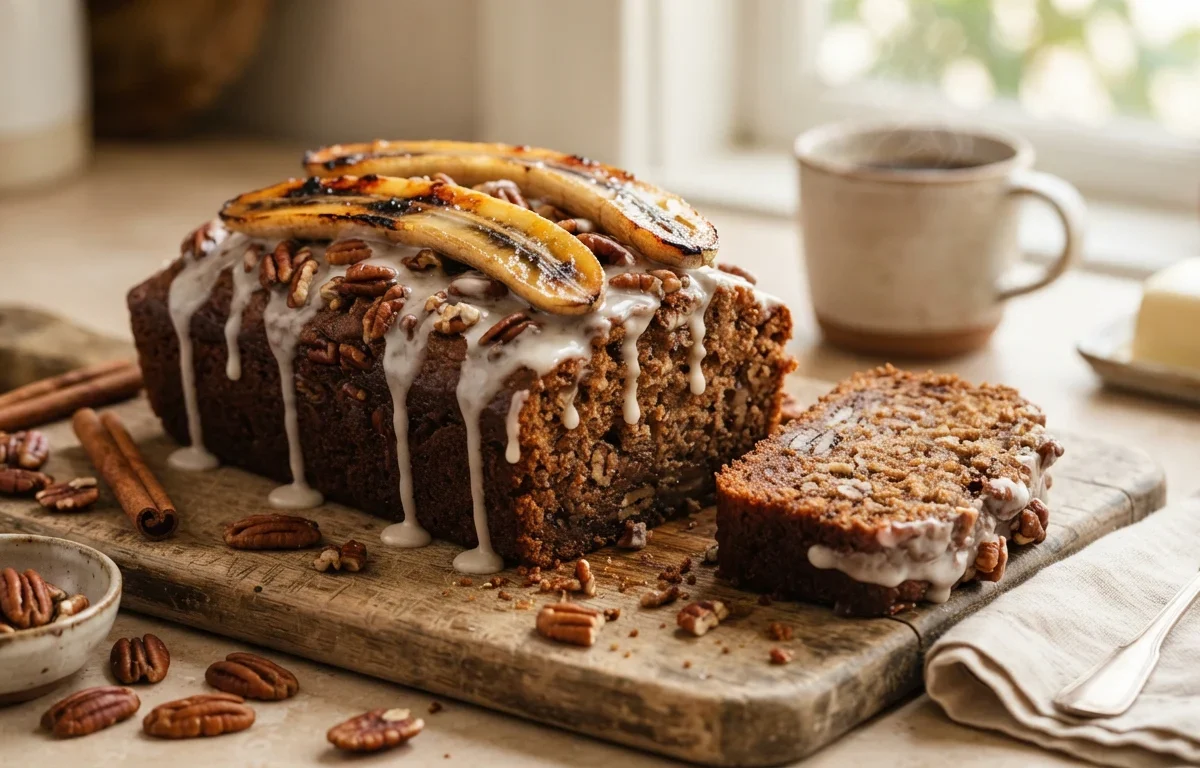 Caramelized Banana Pecan Bread with Cinnamon Glaze