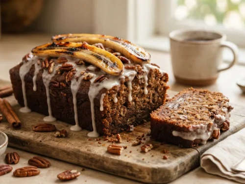 Caramelized Banana Pecan Bread with Cinnamon Glaze