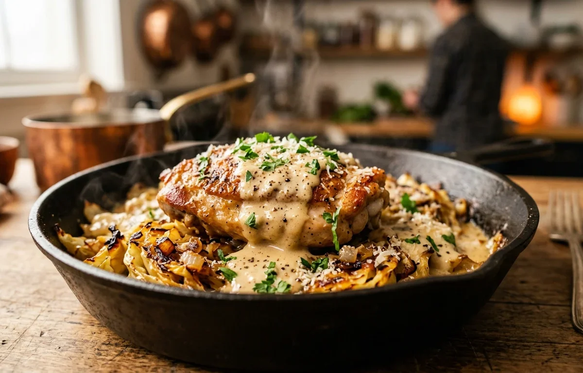 Creamy Garlic Chicken & Caramelized Cabbage Skillet