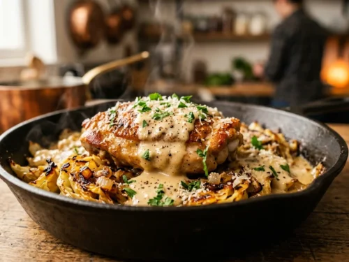 Creamy Garlic Chicken & Caramelized Cabbage Skillet