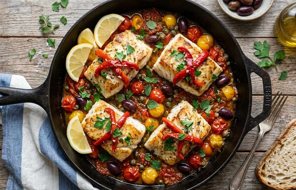 Mediterranean Pan-Seared Fish with Tomatoes, Olives & Capers