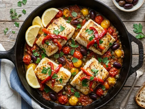 Mediterranean Pan-Seared Fish with Tomatoes, Olives & Capers