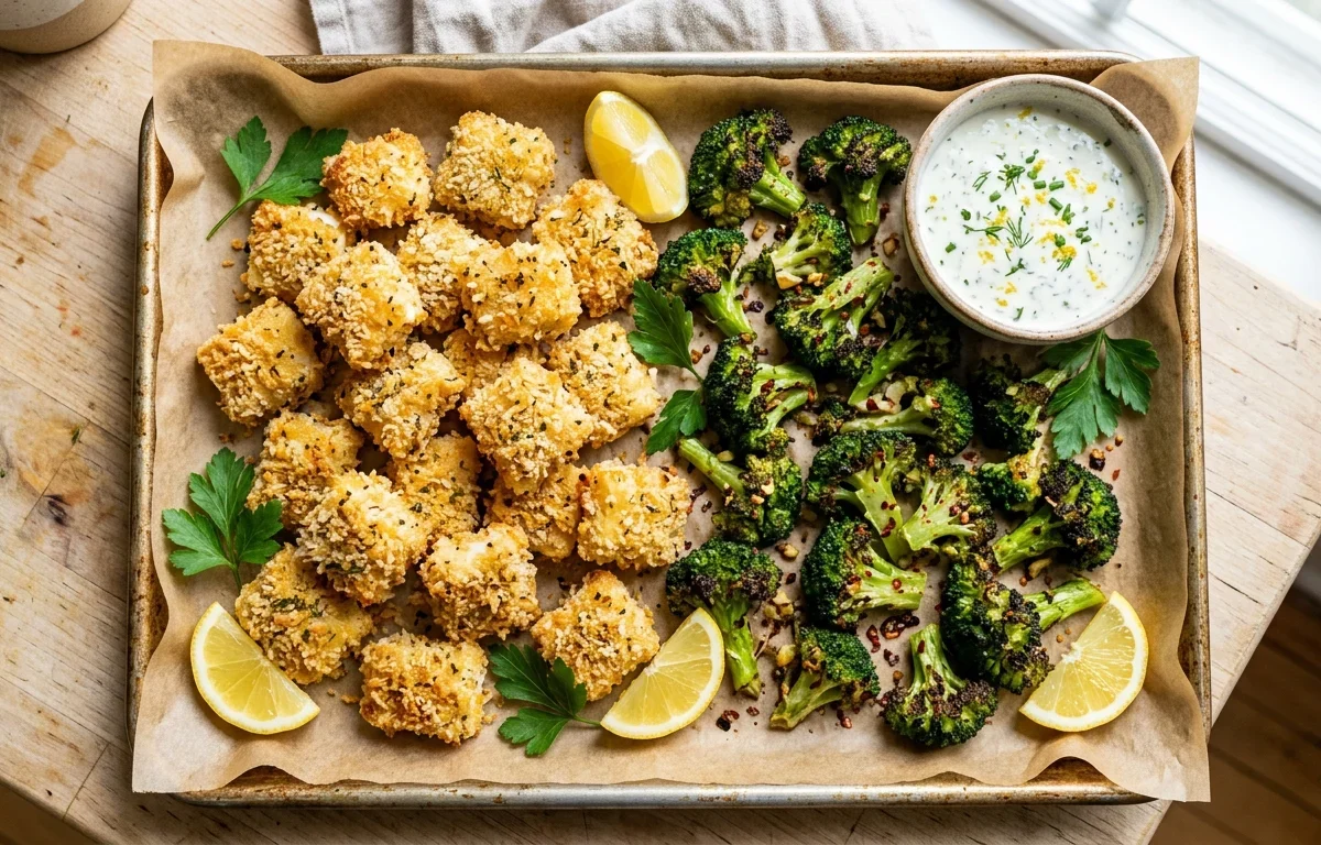 Crispy Parmesan Fish Bites with Garlic Roasted Broccoli