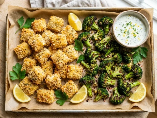 Crispy Parmesan Fish Bites with Garlic Roasted Broccoli