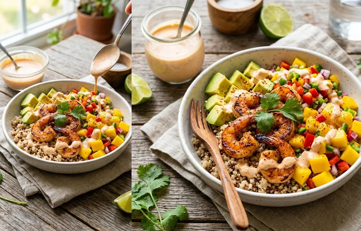 Seared Shrimp Seafood Bowls with Avocado, Mango Salsa and Lime-Chili Sauce