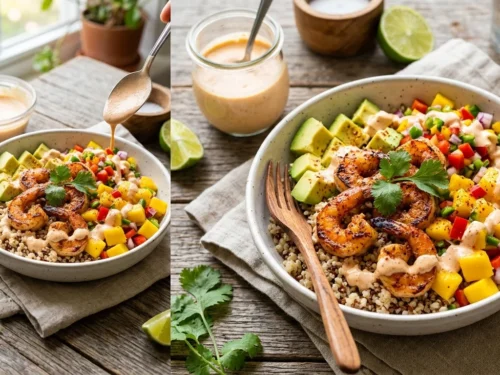 Seared Shrimp Seafood Bowls with Avocado, Mango Salsa and Lime-Chili Sauce