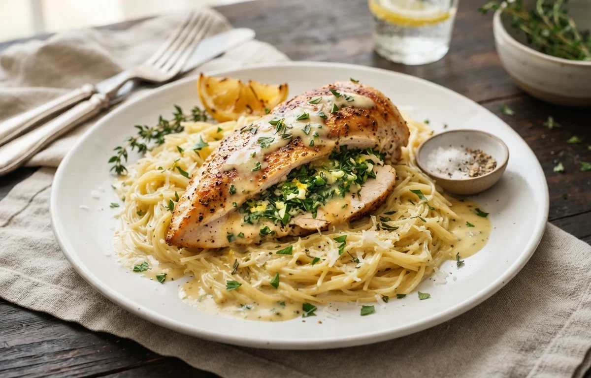Herb-Stuffed Baked Chicken with Garlic Vermicelli & Creamy Lemon Sauce