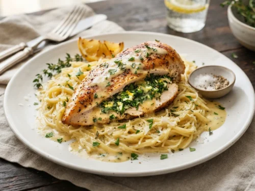Herb-Stuffed Baked Chicken with Garlic Vermicelli & Creamy Lemon Sauce