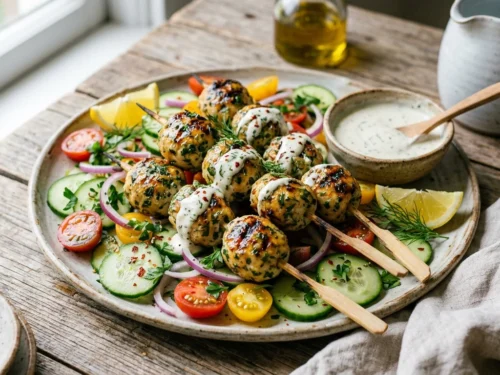 Grilled Herb Fish Balls with Creamy Lemon Garlic Sauce