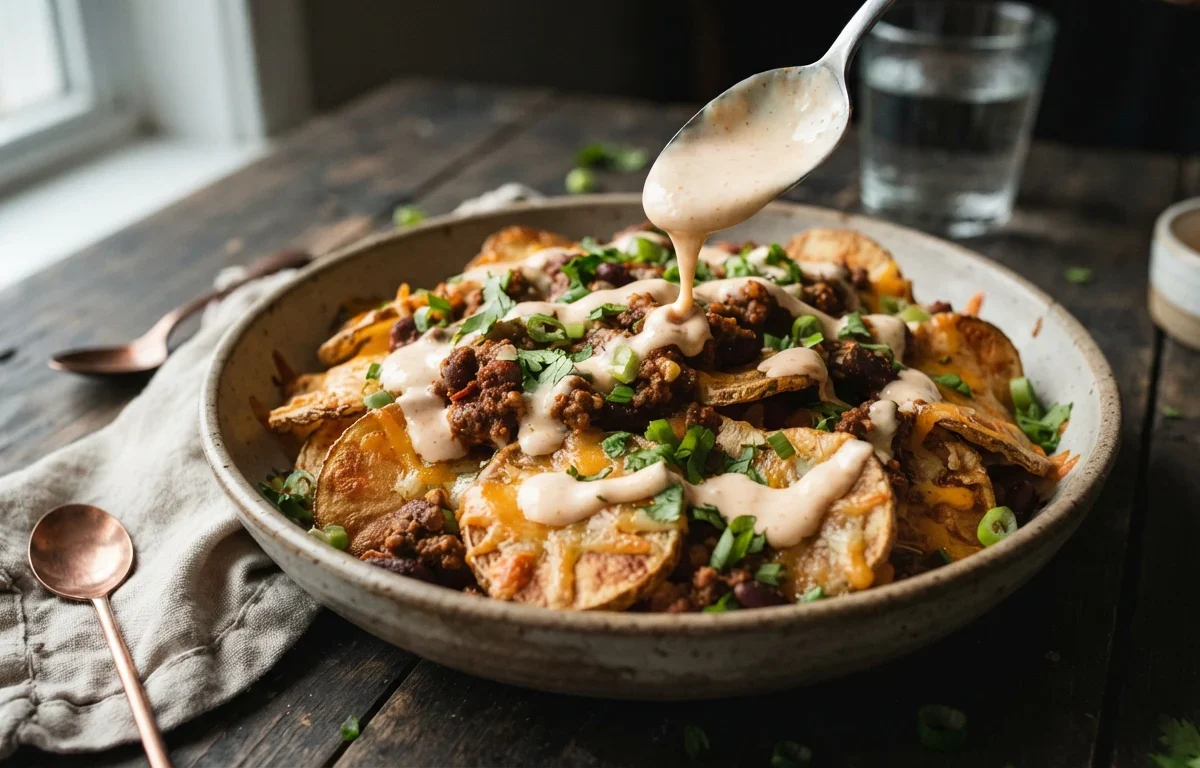 Crispy Air Fryer Chili Cheese Potato Chips with Creamy Sauce