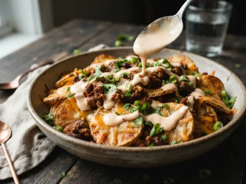 Crispy Air Fryer Chili Cheese Potato Chips with Creamy Sauce