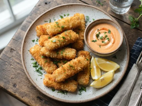 Crispy Homemade Fish Fingers with Creamy Hot Sauce