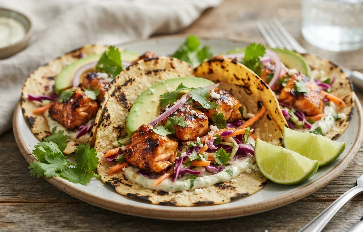 Honey-Chipotle Salmon Tacos with Red Cabbage Slaw