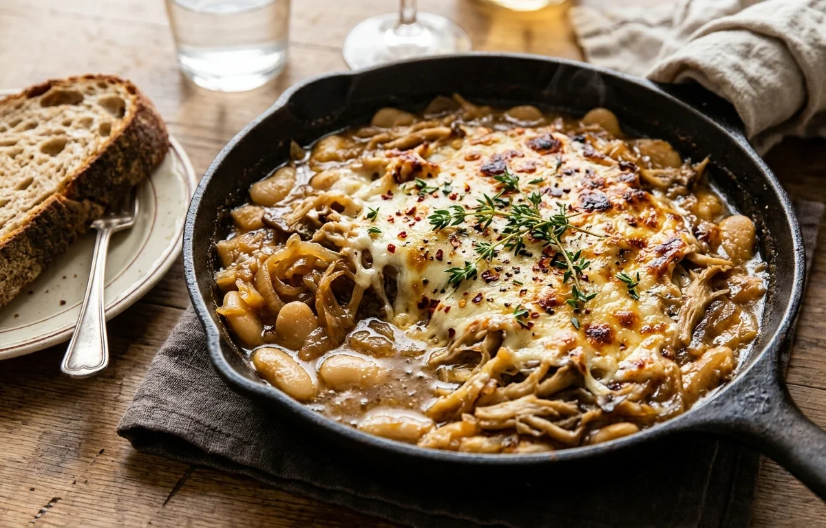 French Onion Butter Beans with Gruyère and Mushrooms