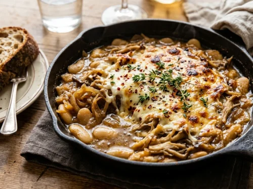 French Onion Butter Beans with Gruyère and Mushrooms