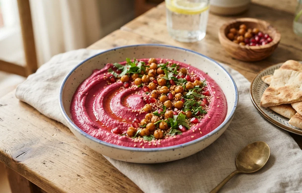 Vibrant Beetroot Hummus with Crispy Chickpeas