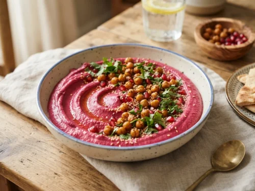 Vibrant Beetroot Hummus with Crispy Chickpeas