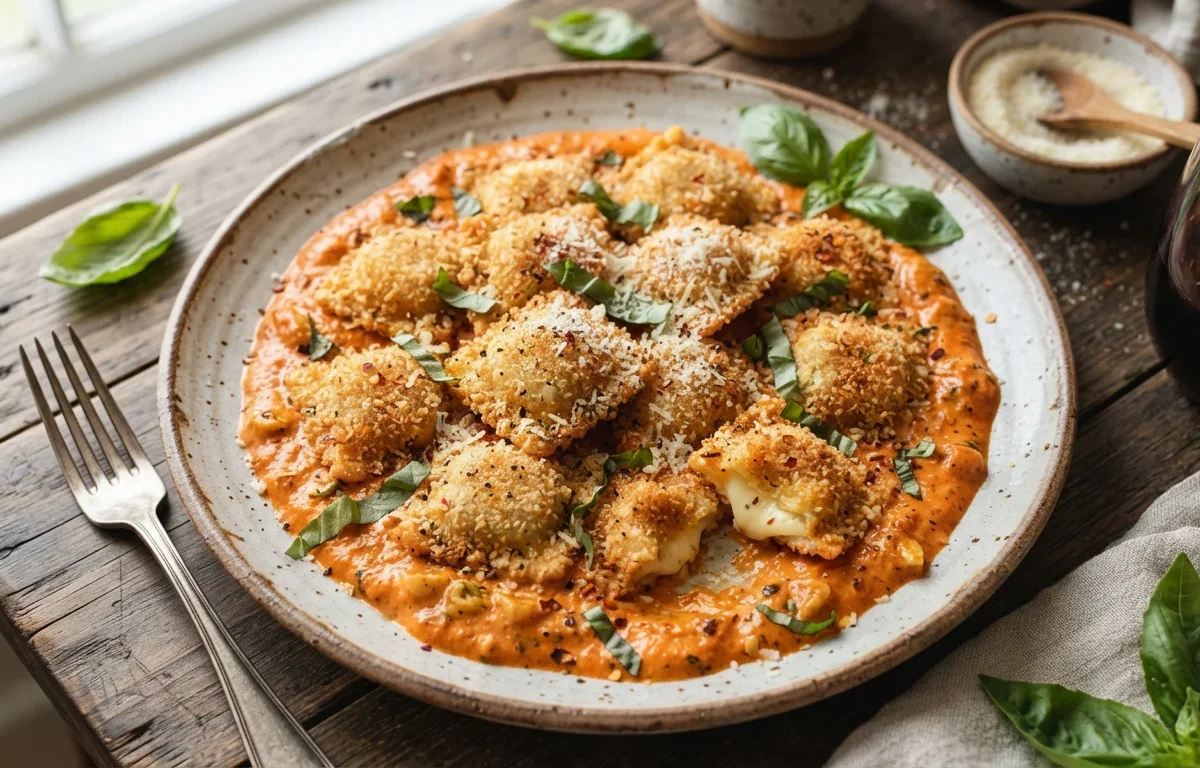 Crispy Baked Ravioli with Creamy Garlic Tomato Sauce