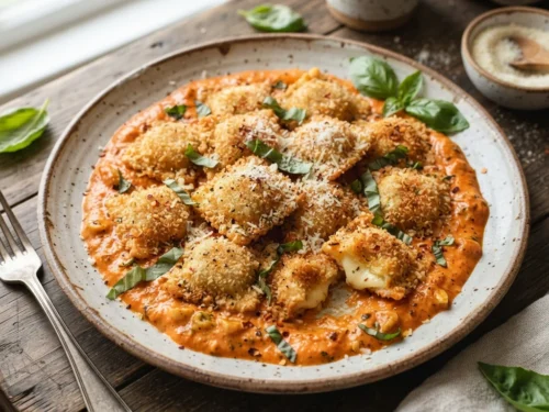 Crispy Baked Ravioli with Creamy Garlic Tomato Sauce