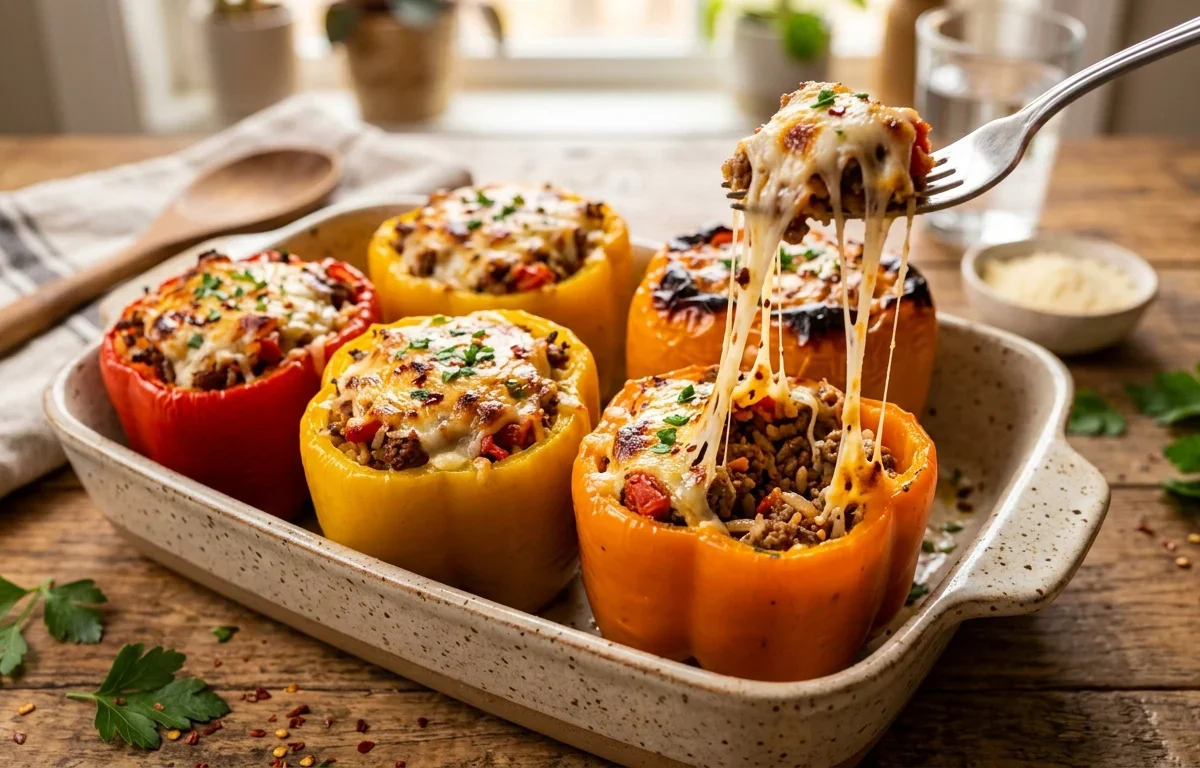 Cheesy Garlic Beef Stuffed Bell Peppers