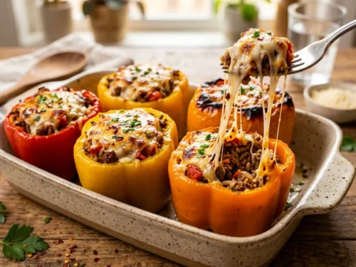 Cheesy Garlic Beef Stuffed Bell Peppers