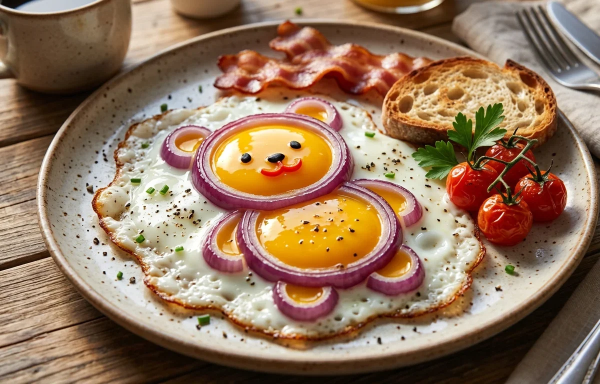 Fun Bear-Shaped Fried Egg with Red Onion Outline